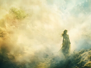Fototapeta premium A solitary figure walks through the misty landscape, bathed in ethereal light at dawn, creating a mystical atmosphere in nature