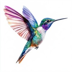 Obraz premium Vibrant illustration of a hummingbird in flight showcasing colorful feathers against a white background.