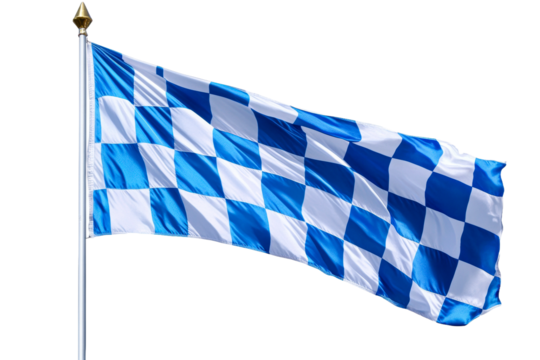 Blue and white checkered flag waving in the breeze isolated on transparent background