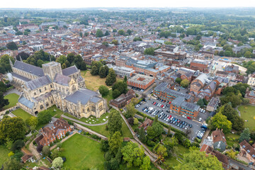 Winchester Cathedral, aerial view of the famous medieval architecture in Winchester, Hampshire, United Kingdom