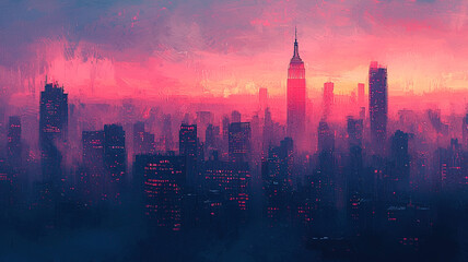 a pink city skyline with a red sky in the background.