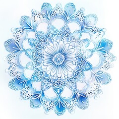Intricate blue and white mandala with an elaborate floral pattern, perfect for meditation, relaxation, and design inspiration.
