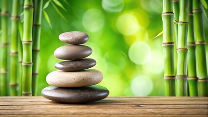 Obraz premium round smooth stones stacked according to Feng Shui - a relaxing atmosphere, tranquility, peace and quiet. background for yoga, presentation, spa treatments, relaxation.