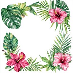 Floral frame with tropical leaves and pink hibiscus flowers on a white background, ideal for invitations and greeting cards.