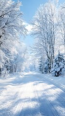 A beautiful winter landscape with white, snow-covered trees and roads covered in fresh powder, creating an enchanting scene of nature's beauty