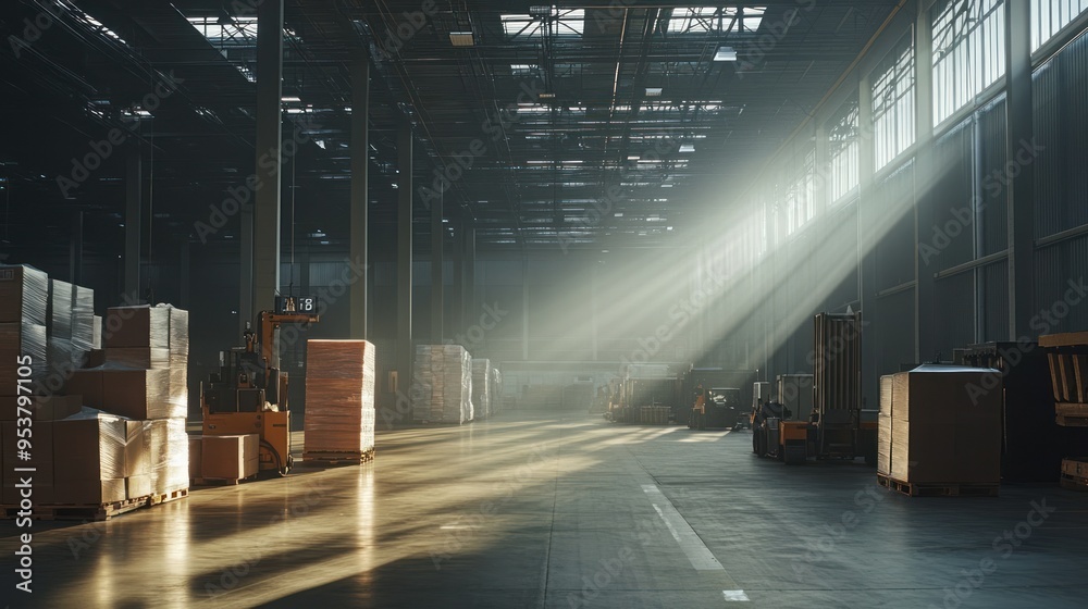 Poster forklifts and pallets of boxes in a large warehouse with sunlight streaming through windows