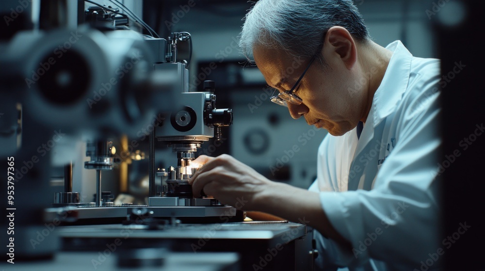Poster A Scientist Using a Microscope in a Laboratory
