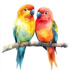 Obraz premium Colorful watercolor painting of two parakeets perched on a branch, showcasing vibrant and detailed artistic bird illustration.