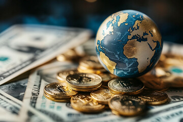 A globe on top of coins and dollar bills, representing global Bitcoin trading, in the style of a stock photo.