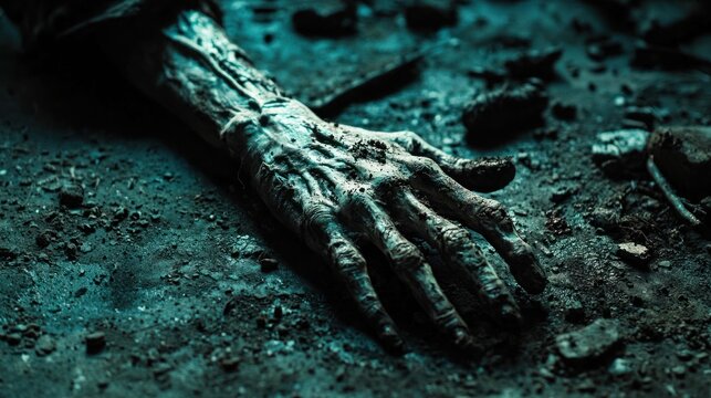 A severed zombie hand crawling on a dark, eerie floor with dirt and debris.