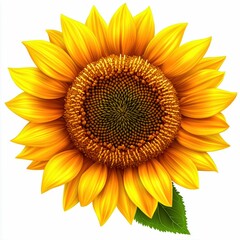 Obraz premium Close-up of a vibrant sunflower with detailed petals and a green leaf against a white background. Perfect for nature and floral themes.