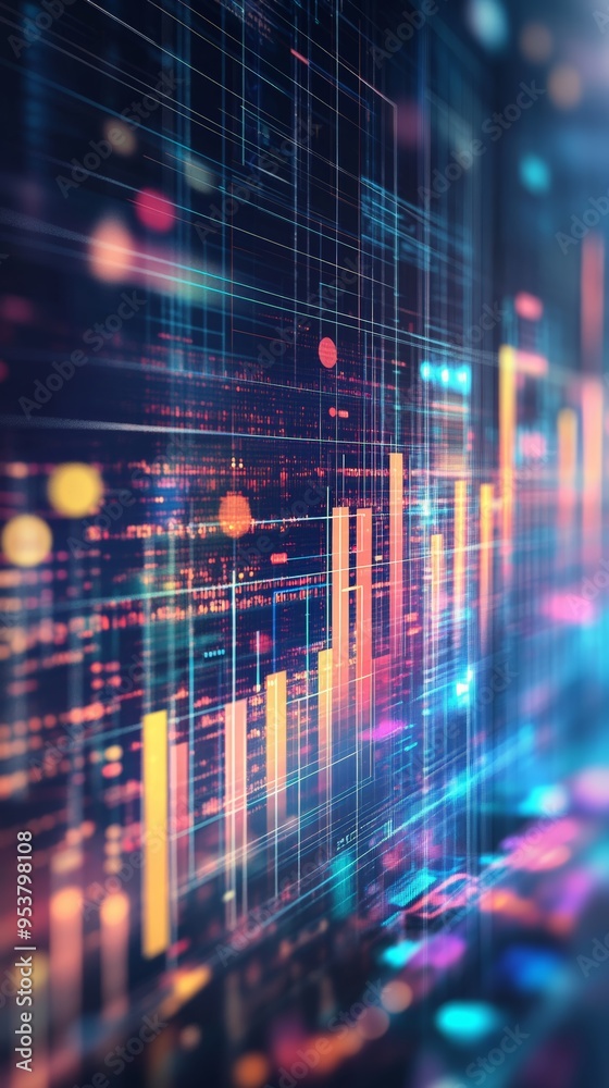 Poster Futuristic 3D business graph with neon colors and digital lines on a dark background. Concept of financial data visualization and market trends.