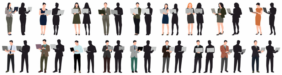 Collection of business people using laptop. Set of businessman and woman working on laptop. 