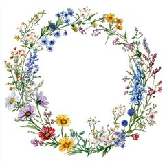 Fototapeta premium Beautiful floral wreath with colorful wildflowers, perfect for invitations, greeting cards, and decorative projects. Vibrant and elegant.