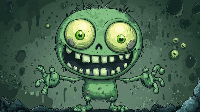 A cartoon-style cute zombie with big, round eyes and a playful smile.