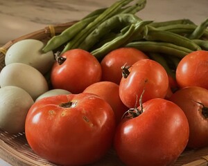 Close up of Basket of local produce from farmers market, green beans, tomatoes and duck eggs