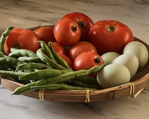 Close up of Basket of local produce from farmers market, green beans, tomatoes and duck eggs