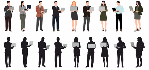 Set of working business people using laptop and tablet. Easy editable layered vector illustration.