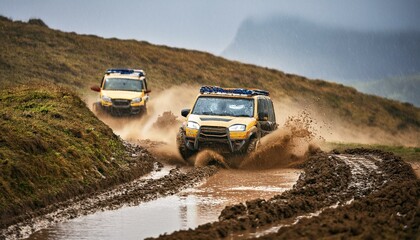 Off road racing on uphill and muddy tracks in the rain