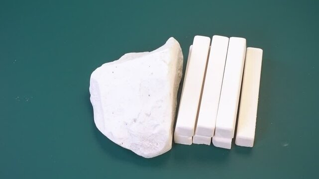 natural pieces of chalk, mineral stones and school chalk on green chalkboard background, concept, top view, rotation