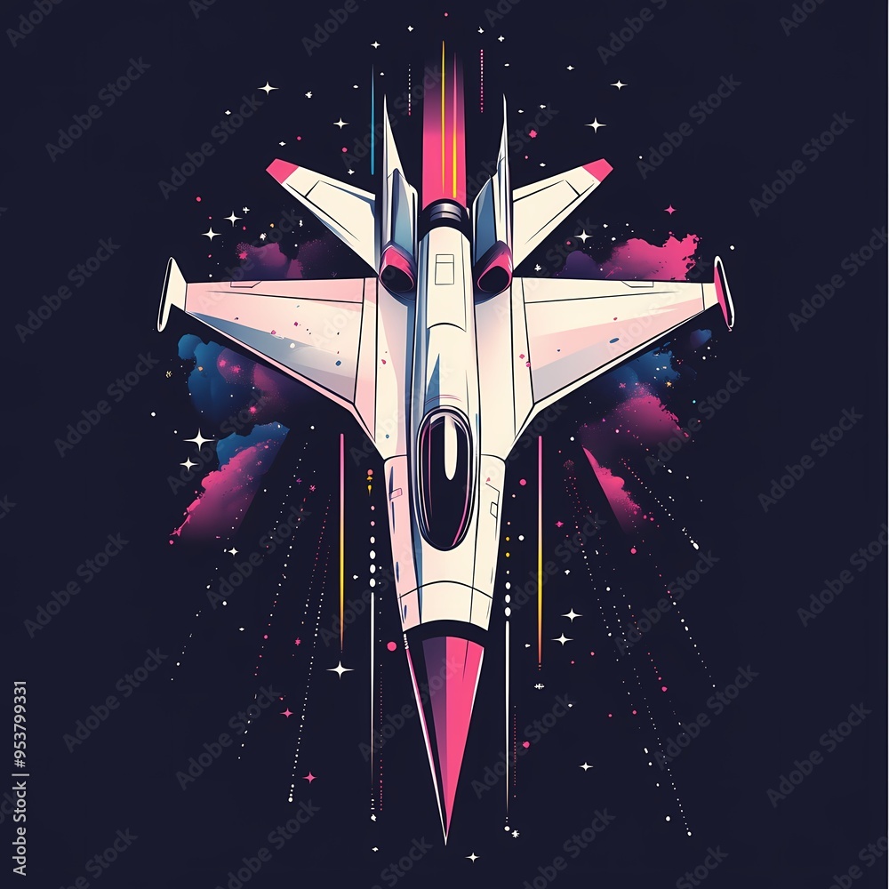 Poster a futuristic spaceship soaring through a starry galaxy with pink and yellow trails