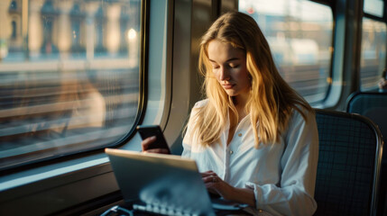 A woman using a laptop and phone on a train, multitasking during her commute