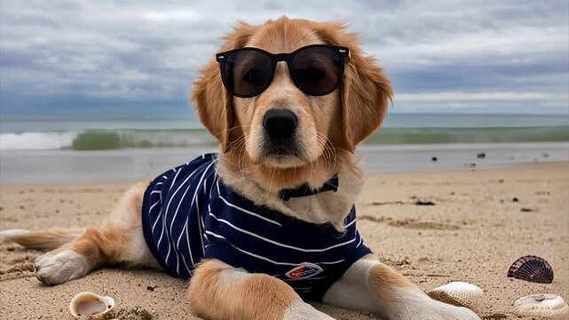 Dog wearing sunglasses and a striped shirt relaxing on the beach