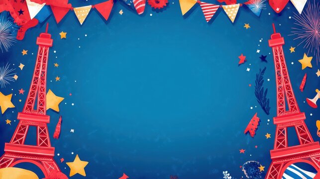 Vibrant celebration backdrop featuring the Eiffel Tower, colorful decorations, and a festive atmosphere for events and holidays.