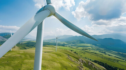 Wind turbine blades rotate against backdrop of green hills and blue skies, showcasing renewable energy in scenic landscape.