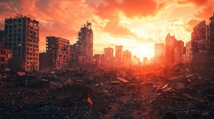 Obraz premium A post-apocalyptic cityscape with ruined buildings and zombies in the distance.