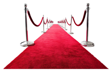 Red carpet walkway with stanchions isolated on transparent background