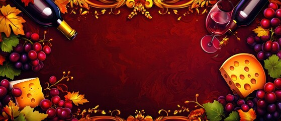 Elegant wine and cheese frame with grapes, perfect for festive occasions or marketing materials related to food and wine.