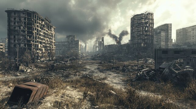 A post-apocalyptic cityscape with ruined buildings and zombies in the distance.