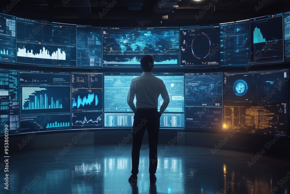 Poster In a hightech control room, a skilled Business Analyst analyzes data trends to create impactful reports, enhancing decisionmaking and ensuring informed strategy development and execution