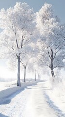 A beautiful winter landscape with white, snow-covered trees and roads covered in fresh powder, creating an enchanting scene of nature's beauty
