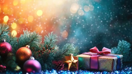 Christmas background vibrant multicolor pine branches, ornaments, glittering stars, festive Christmas balls, gift box. Merry Christmas and new year background, Beautiful gift box, Xmas web header