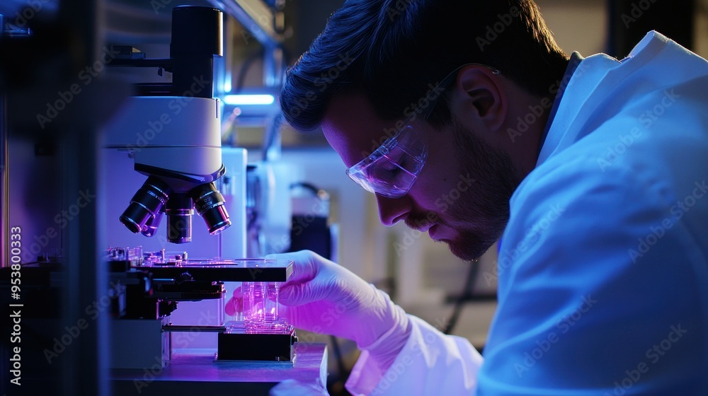 Poster Scientist in a Lab Using a Microscope