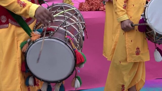 Indian Dhak dhol or special indian drum performing.