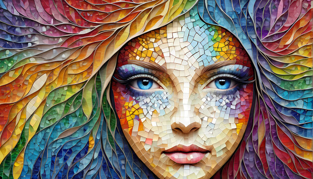 Ein Frauen Portrait aus Mosaiksteinen, Abstraktes gezeichnetes mosaikartig unterteiltes sehr farbiges Gesicht