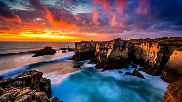 sunset over the ocean cliffs mountain water sky clouds landscape nature