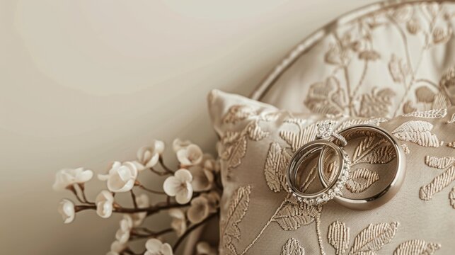 A high-quality stock image of a pair of wedding rings on a decorative pillow on the right side, leaving space on the left for text. Ideal for wedding announcements, engagement promotions.