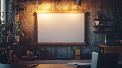 A white board sits in front of a bookshelf