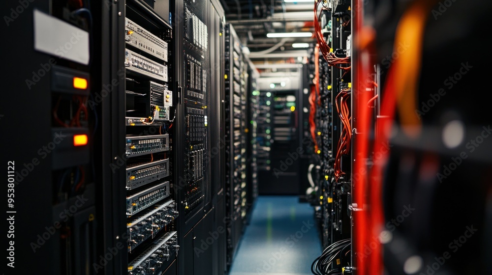 Poster rows of black server racks with red and black wires