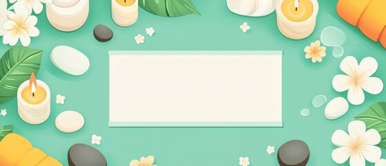 A serene spa-themed background with candles, stones, and flowers, perfect for relaxation and wellness promotions.