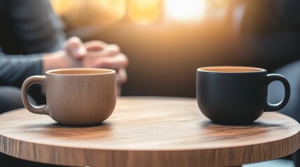 Obraz premium Two stylish coffee cups on a wooden table, creating an inviting atmosphere for conversation and relaxation in soft lighting.