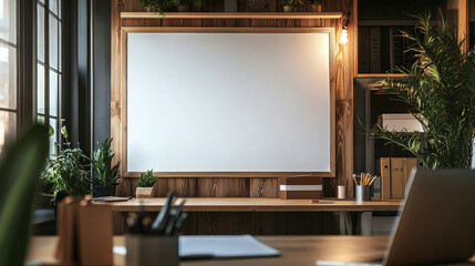 A white board sits in front of a bookshelf