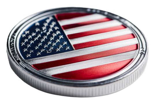 Metal coin featuring the American flag design isolated on transparent background