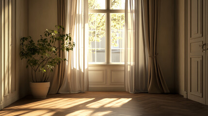 A room with a large window and a potted plant