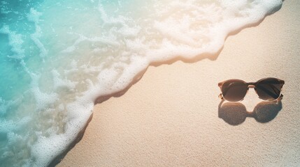 A high-quality stock image of a pair of stylish sunglasses resting on a sandy beach on the right side, leaving space on the left for text. Perfect for beachwear promotions, summer advertisements.