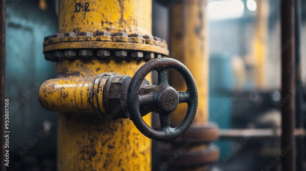 Poster Close-up of a Rusty Industrial Valve with a Wheel Handle